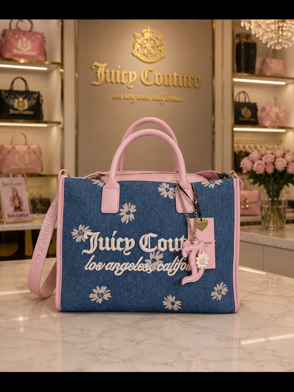 Juicy Couture Denim Tote with Pink Trim and Floral Embroidery (DAISY EDITION)
